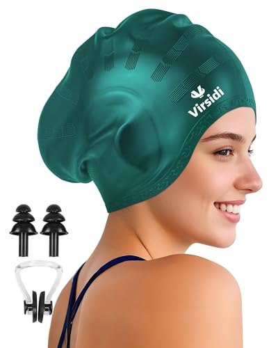 VIRSIDI Swim Cap for Long Hair, Silicone Swimming Cap for Adult Women Men with 3D Ear Protection, Waterproof Large Swim Hats Bathing Caps to Keep Hair Dry with Ear Plugs Nose Clip (Dark Green)