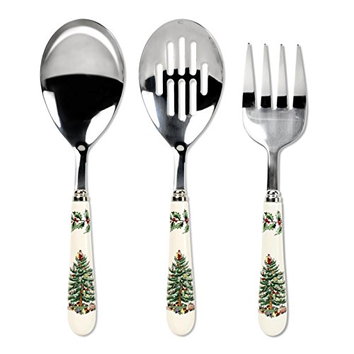 Spode Christmas Tree 3-Piece Stainless Steel Cutlery Set - Porcelain Handle Flatware with Meat Fork, Serving Spoon, & Slotted Spoon - Holiday Silverware for Christmas Dinners & Seasonal Gatherings