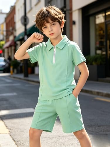 Image of Yoxindax Boys Clothes 2-Piece Casual Street Style Turn-Down Collar Half Zip Kids 4-12 Years Teen Boys Summer Outfits