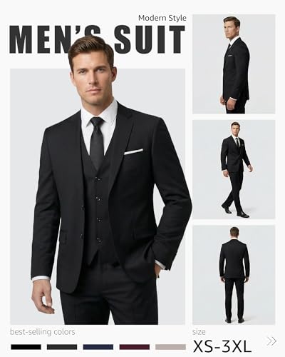 Image of YND Men's 3 Piece Suit Set with Tie, 2 Button Slim Fit Solid Blazer Jacket Vest Pants, Business Wedding Party Suits for Men