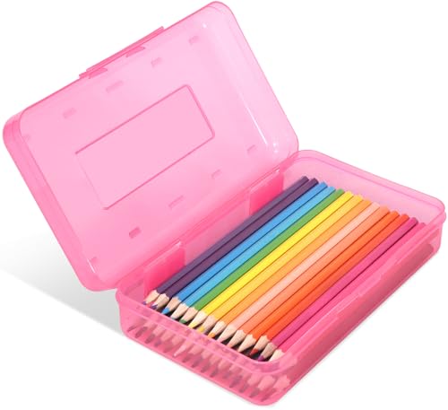 DANRONG Colored Plastic Pencil Box Large Capacity Pencil Case Pencil Boxs for Kids Adults Hard Crayon Box Storage with Snap-Tight Lid for School Office Supplies (Pink)