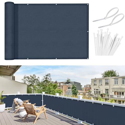 Sunnylaxx Balcony Privacy Screen 90x600 cm Fence Screen for Balcony and Patio,Balcony Cover, PES(170g/㎡) Water-Repellent Wind Protection,with Rope and Aluminium Eyelets Greyish Blue