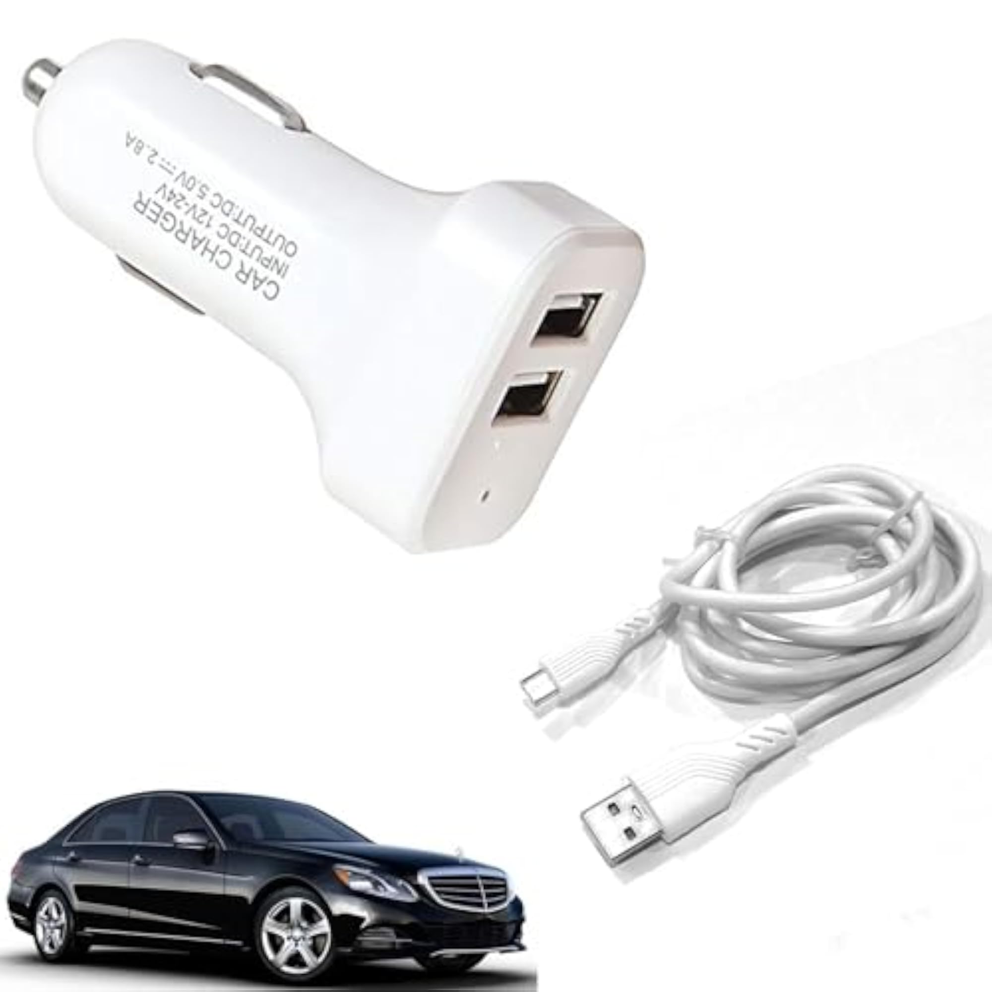 2-Ports Fast Car Charger with White Micro Cable for E250
