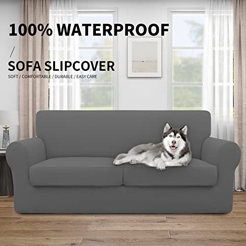 Image of Easy-Going Waterproof 3-Piece Oversized Loveseat Couch Covers for Sofa | 3-Piece Set Spandex Sofa Cover Slipcover Elastic Bottom Dog Pet Friendly Gray