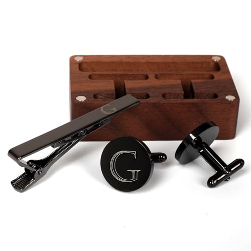 Image of Mens Initial Cufflinks and Tie Clip A-Z Alphabet Letter Black Stainless Cuff Links Tie Bar with Engraved Walnut Wood Box Groom Groomsman Wedding Set