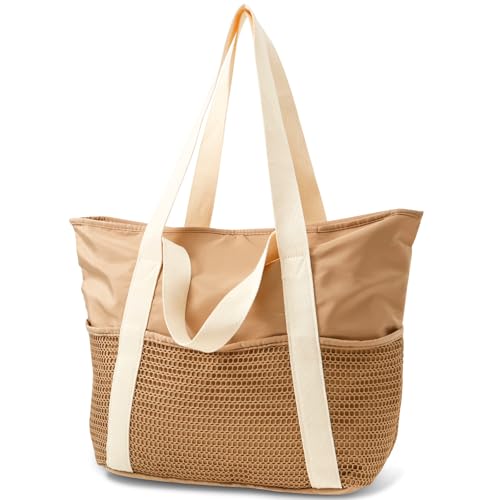 ZJRDYYK Bolsa de praia dobrável com zíper, bolsa de praia de malha para mulheres, férias, piscina, viagem, academia, natação todos os dias