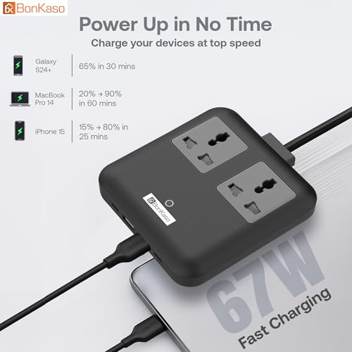 Image of BonKaso Nano 6-in-1 67W GaN Fast Charging Station with 2 AC Outlets, 2 USB-C & 2 USB-A Ports | Ultra Slim Portable Power Hub | Multi-Layer Protection | 330g | 11.8x10.5x2 CM (Black)