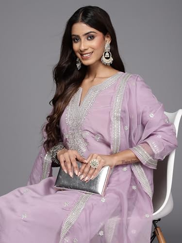 Image of INDO ERA Women's Embroidered Silk Blend Calf Length Straight Kurta & Pant with Dupatta Set | Kurta Sets For Woman