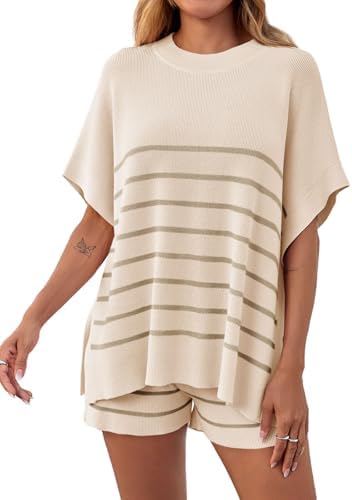 Fisoew Women's Striped 2 Piece Outfits Oversized Batwing Short Sl...