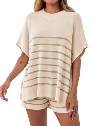Fisoew Women's Striped 2 Piece Outfits Oversized Batwing Short Sleeve Tops High Waisted Shorts Summer Knit Lounge Short Sets Apricot
