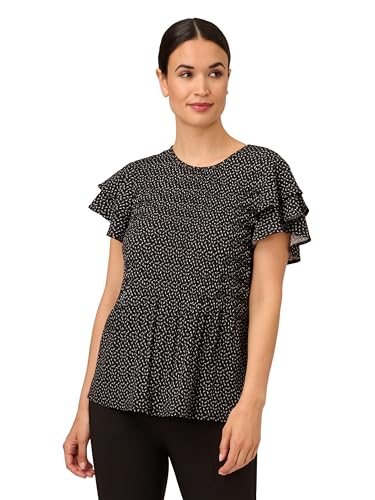 Adrianna Papell Women's Pleated Knit Double Sleeve Top, Black Blowing Leaf, L
