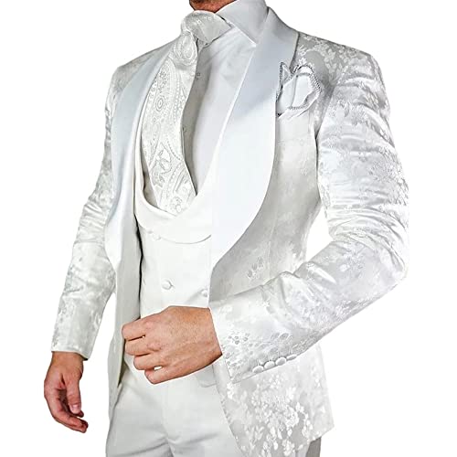 HZUOU Men's White Premium Floral Tuxedo 3 Piece Paisley Wedding Groom One Button Suits Shawl Lapel Prom Suit HZH094