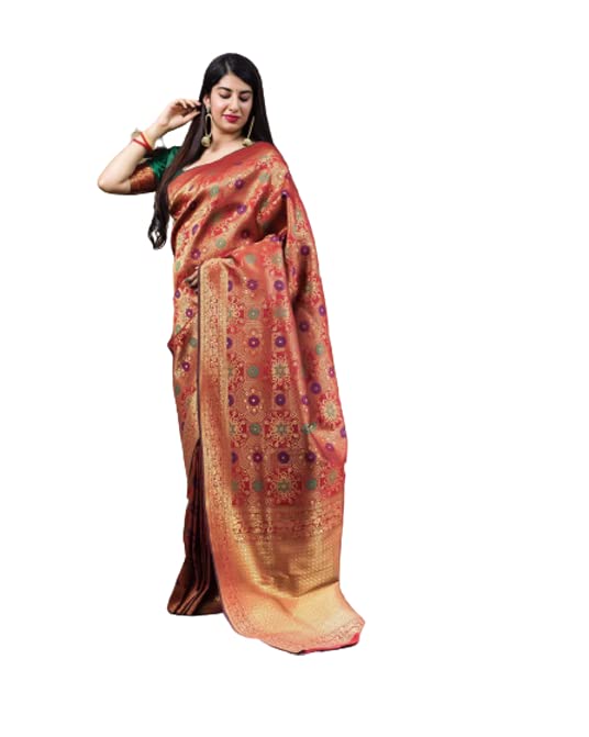 Women's Kanjivaram Banarasi Soft Lichi South Indian Silk Saree With Un-stitched Blouse Piece Maroon Golden Zari