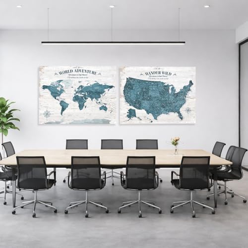 Image of IPIC - Antique Blue World Map & USA Map Canvas Wall Art Set of 2, Travel Wall Decor with Pins Included, Ready to Hang for Office or Living Room, 40x30 Inch