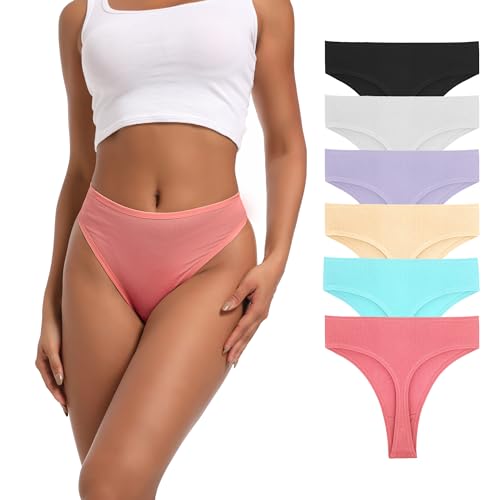 Image of High Waist Thong Women Ribbed Cotton Panties S-4XL Pack 6 | Auithery High Waist Thong Underwear Women Ribbed Cotton Tummy Control Thongs Panties Size S-4XL Pack 6