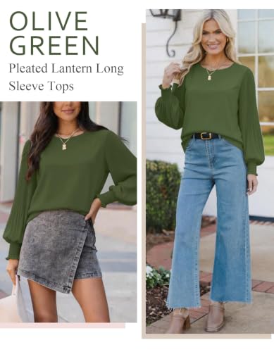Image of Aifer Womens Tops Dressy Casual Long Sleeve Shirts Chiffon Blouses | Sheer Pleated Lantern Sleeves, Crew Neck, Back Keyhole, Versatile, Ideal for Office Workwear, Daily Outfits, Party Looks