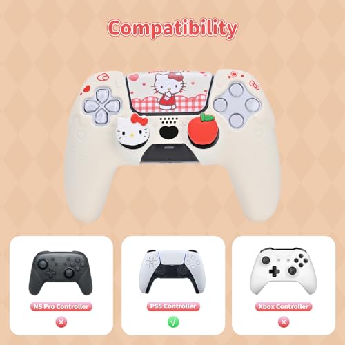 Image of Kuitmor Silicone PS5 Controller Cover Skin Set, Anti-Slip Soft Protective Case for PS5 Wireless Controller with 2 Thumb Grip Caps and 1 Sticker (Beige Hello Kitty)