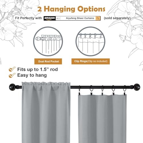 Image of Aiyufeng Silver Grey Short 36 Inches Blackout Curtain 2 Panels Set, Half Window Rod Pocket Privacy Curtain Tiers for Kitchen, Curtains Blackout for Bathroom Shades, W40 x L36 Inch, Silver Grey