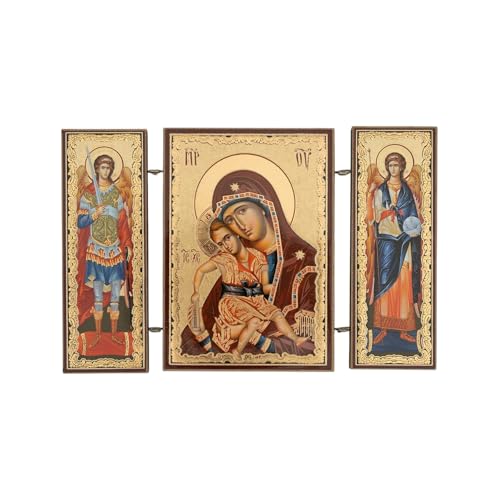 Orthodox Triptych Icon – Folding Wooden Byzantine Icon – Christian Religious Gift & Home Decor – Small Size 3.35" Tall (Panagia Axion Estin)
