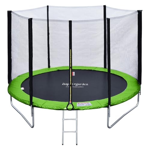 Happy Garden Pack Premium Cama elástica de jardín Redonda para niños 245cm Reversible Verde/Azul Canberra + Red, Escalera, Lona y Kit de Anclaje, fácil Montaje