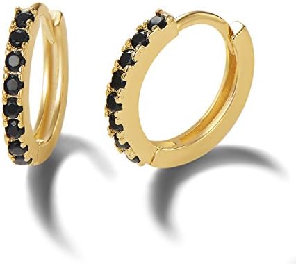 Gold Hoop Earrings Carleen 14K Gold Plated 925 Sterling Silver Hoop Earrings Round Cut Cubic Zirconia CZ Simulated Diamond Tiny/Mini Hinged Cartilage Hoop Earrings for Women Girls, 13mm (Yellow Gold Plated - Black)