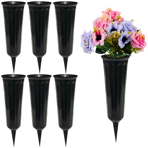 Memorial Floral Vases Cemetery Vase Headstones Flower Holder Grave Cone Vase Flower Pots for Outdoor Plants Decorative Plastic Containers (Set of 6 Black)
