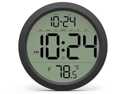 Digital Wall Clock with Date, Temp, Auto-DST, 8