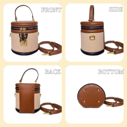 Image of Retro Bucket Bag Color Contrast Cylinder Purse | Senior Sense Style, Single Shoulder Crossbody, Zipper Closure, 4.7x6