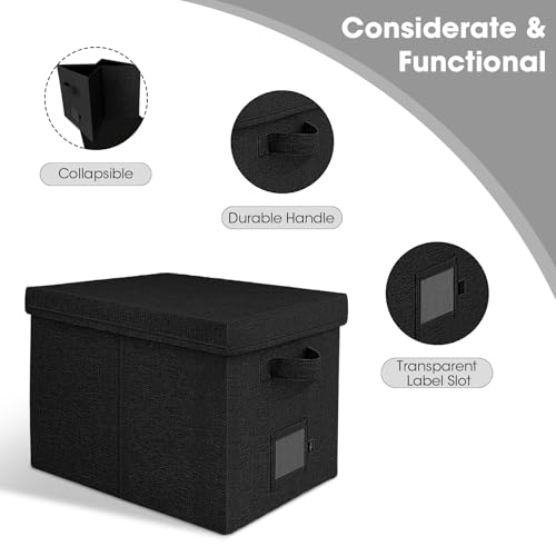 Onylin File Organizer Boxes with Lid, Linen Hanging File Storage Boxes with Handle, Collapsible Document Filling Boxes for Letter/Legal Folder, Portable File Box for Office/Decor/Home (4 Pack, Black) - Thumbnail 4