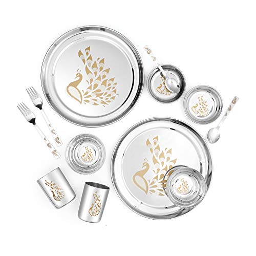 Classic essentials Stainless Steel Dinnerware 12-Piece Set High Grade Stainless Steel with Permanent Lazer Design of Peacock Dinner Set of Full Plates,Glass,Bowls and Spoons(Silver)