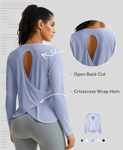 BRXL Women's Sun Shirts UPF50+ Long Sleeve Workout Tops Moisture Wicking Quick Dry UV Shirt V Neck Open Back Running Tops Light Blue XS — view 3