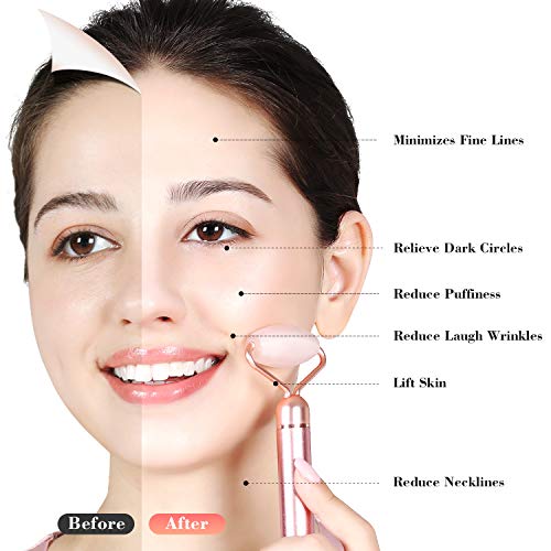 Rolo de jade vibratório para rosto – Massageador elétrico 2 em 1, massageador de rolo de quartzo ros