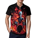 Rock Roll Drums Flame Drummer Skull Men's Short Sleeve Polo Shirt Casual Athletic Collared Golf Tee Tops 3XL