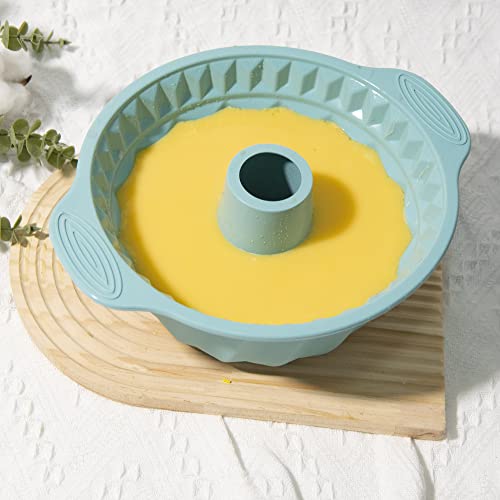 Anxbbo Silicone Cake Pan 9.5 Inch- Non-Stick Fluted Cake Pan With Handle, Tube Cake Pan Silicone Baking Molds For Jello, Gelatin, Pound Cake-Blue #TOP6