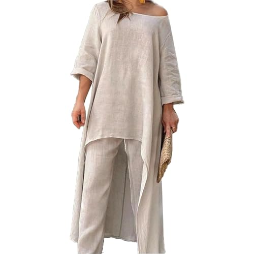 Women's Solid Color Linen Fashionable Casual Suit, Cotton Linen Long Sleeve Shirts and Wide Leg Trousers Loose (Khaki,4XL)