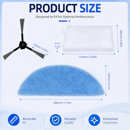 Image of SONGRUI Replacement Accessories Kit Compatible with Ecovacs Deebot Y1 Pro | 13PCS Vacuum Cleaner Parts Includes 4 Mop Pads, 4 Filters, 4 Side Brushes & Cleaning Brush