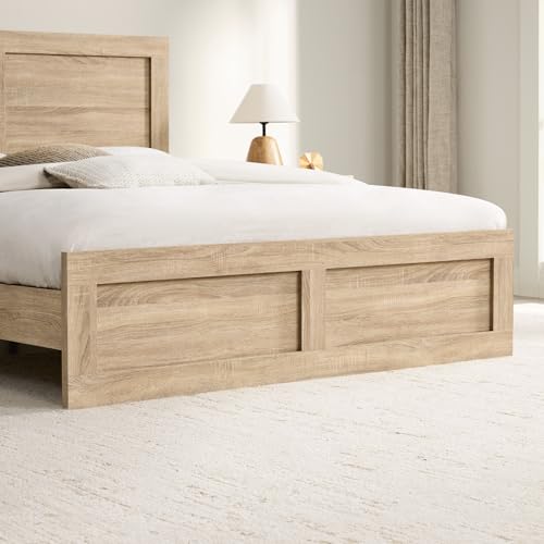KISLOT Wood Bed Frame with Headboard and Footboard, Wooden Platform Mattress Foundation with Silent Slat Support Noise-Free No Box Spring Needed Easy Assembly