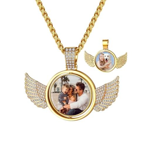 Custom4U Picture Necklace Personalized Photo for Men Women Steel/18K Gold Plated/Black Custom Angel Wings/Heart Pendant Necklace with Picture Memory Circle Chain 18-30 Inch,Hip Hop Jewelry+G