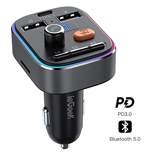 Transmetteur FM Bluetooth 5.0 ieGeek, Appel Main Libre, PD3.0 Chargeur Rapide, Lecteur de Musique Hi-FI 8 Lumière Colorées Rétro-éclairé Adaptateur de Voiture Supporte Carte SD, Clé USB, Type C