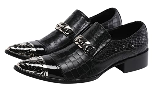 Santimon Mens Casual Smoking Loafers Slip On Metal Patch Double Cap Toe Rivet Genuine Leather Lightweight Modern Fashion Business Dress Shoes