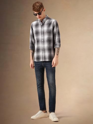 Image of Dennis Lingo Men Black 100% Cotton Full Sleeve Button Down Collar Checks Shirts