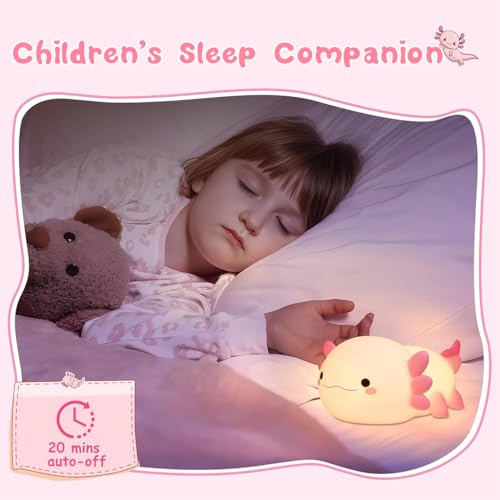 Image of ELEPHANTBOAT Axolotl Night Lamp for Kid, Silicone Cute Axolotl LED Table Lamp, Colour Changing with USB Rechargeable Night Light, Sensor light with 15mins Auto Off Kid Room Bedside Light, Gift for Kid