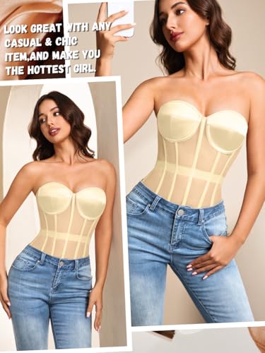 Image of Kaei&Shi Sheer Mesh Overbust Corset,Sexy Strapless Lace Up Satin Bra Corsets Top For Women Shapewear