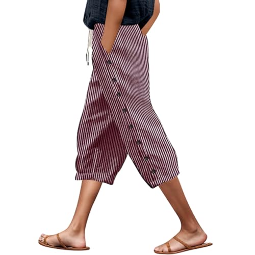Pantalon capri lin rayé élégant taille haute WWricotta chic