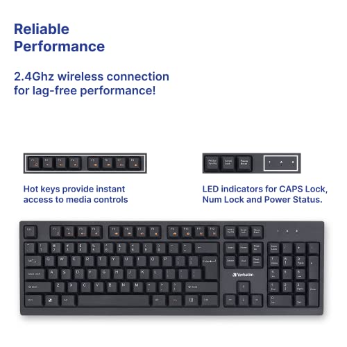 Image of Verbatim Slimline Wireless Keyboard 2.4GHz USB Plug-and-Play Numeric Keypad Adjustable Tilt Legs Wireless Full-Size Computer Keyboard Compatible with PC, Laptop -Frustration Free Packaging Black 70738