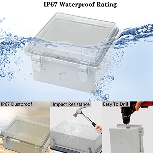 Image of Zulkit Junction Box IP67 Waterproof Electrical Box Hinged Clear Cover Stainless Steel Latch Plastic Enclosure for Project w Mounting Plate Wall Bracket and 2 Cable Gland 5.9 inchx5.9 inchx3.5 inch /150x150x90mm