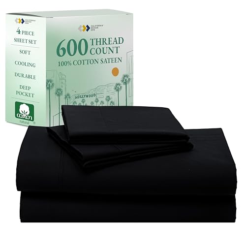 California Design Den King Sheet Set - Luxury 600 Thread Count Sateen, Natural 100% Cotton, Fully Elasticized Deep Pocket King Bed Sheets, Crisp, Cool and Durable Hotel Quality Bedding - Black