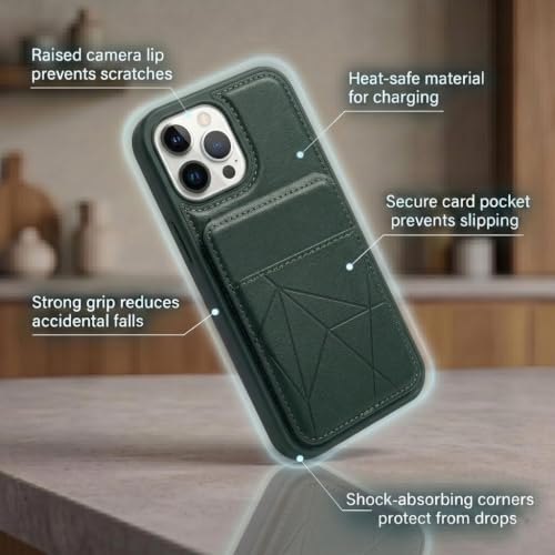 Image of amazon basics Premium Vegan Leather Back Cover with Card Holder and Integrated Mobile Stand for iPhone 12 Pro Max - Slim Shockproof Wallet Case with Geometric Stitching [Green]