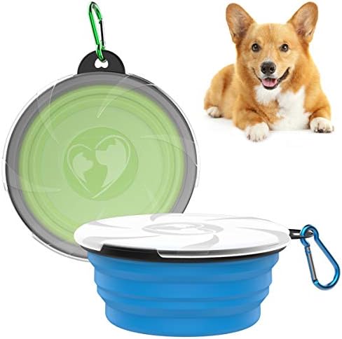 VavoPaw Collapsible Dog Bowl, 2-Pack 450ML Silicone Feeding Watering Travel Bowl for Dog & Cat with Lids, Portable Pet Food Feeder Water Bowl for Travel Camping Walking, Blue + Green