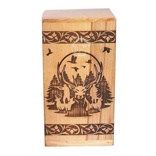 Image of Handcrafted Floral Engraved Wooden Urns for Human Ashes Adult Large - Cremation Urn for Ashes - Burial Urn for Columbarium - Funeral Urn Box (Buck Deer 2, 250 LB - Beechwood)